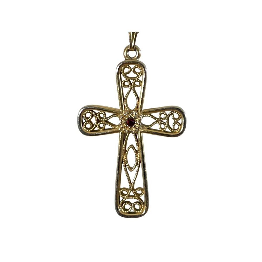 Vtg Sarah Coventry Gold-Tone Filigree Cross Necklace Red Stone Accent 18" Chain